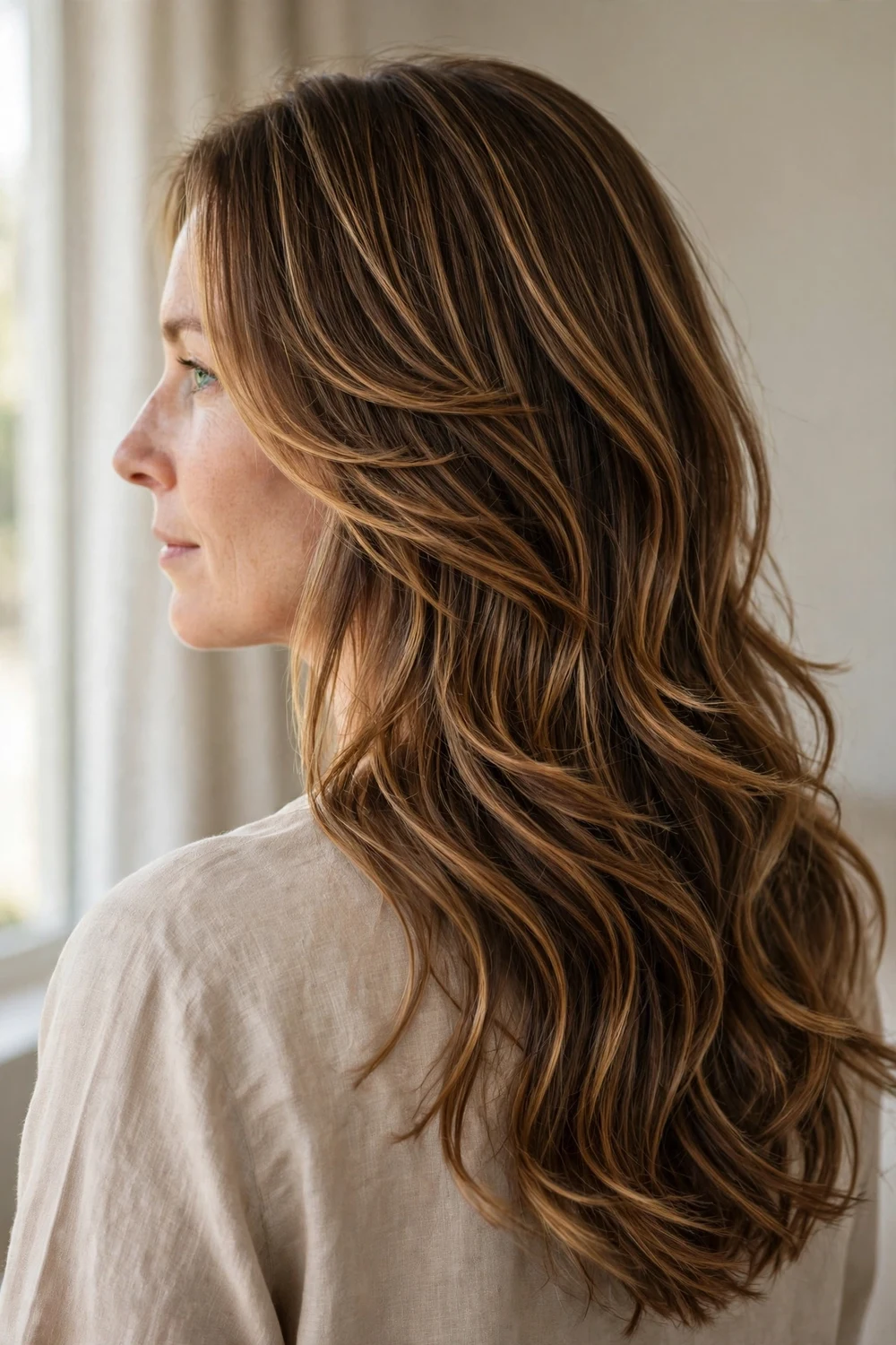 Butterfly cut with balayage highlights adding dimension through the layers