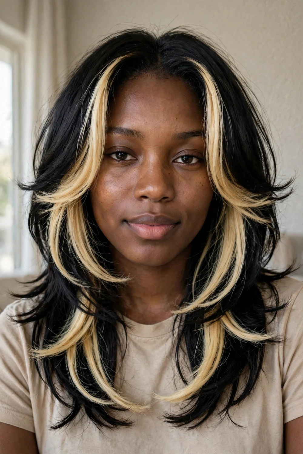 Butterfly cut with bold chunky highlights framing the face and through the lengths