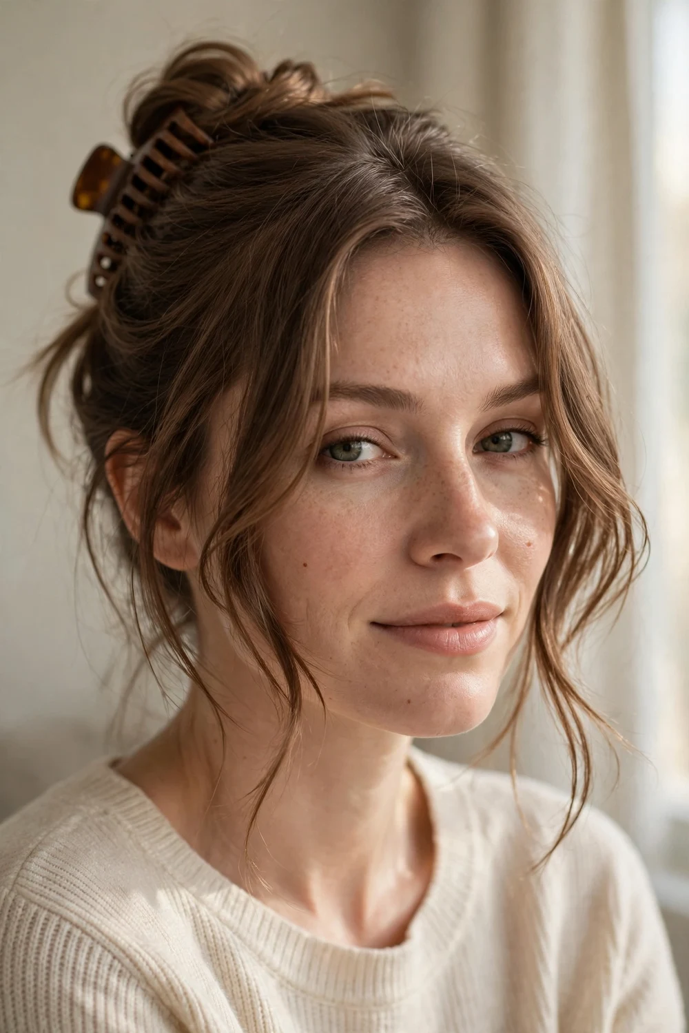 Butterfly cut twisted up with a claw clip leaving face-framing layers loose