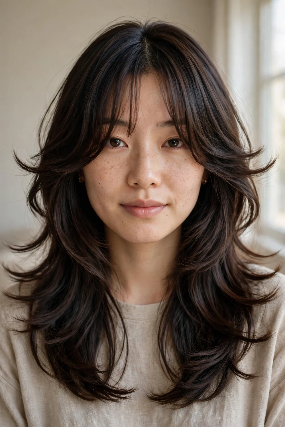 Butterfly cut with curtain bangs parted in the middle and blended into face-framing layers