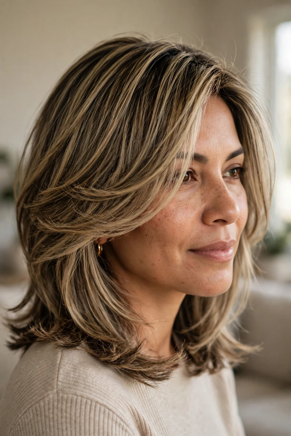 Butterfly cut with a deep side part sweeping the front layers across the face