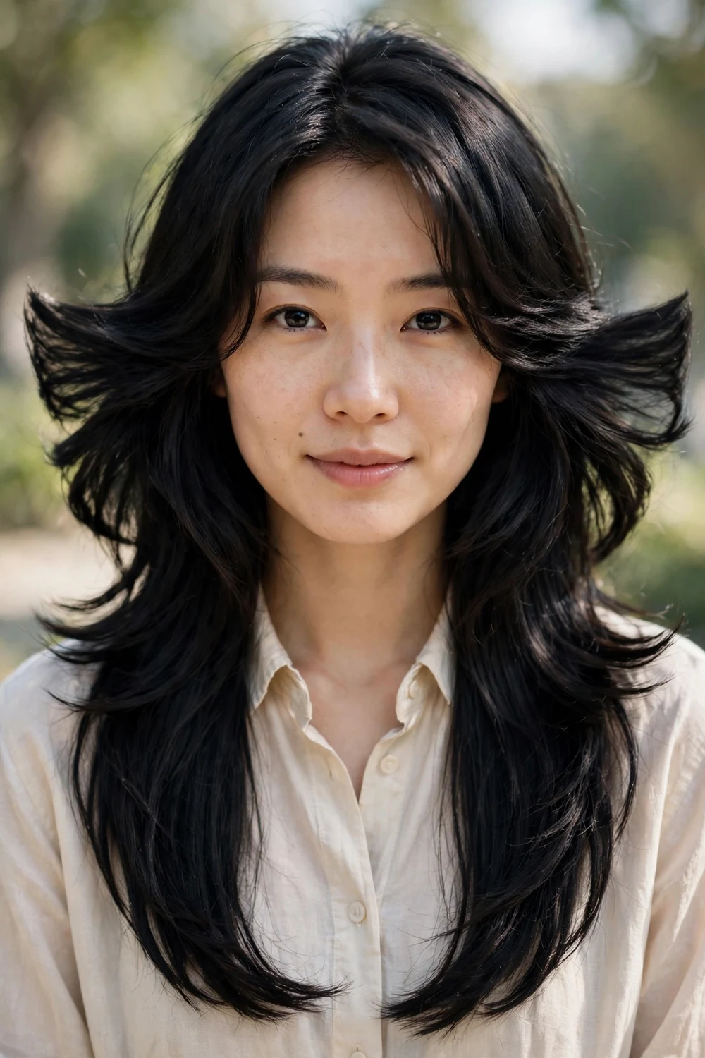 Woman with long light brown hair in butterfly layers with bouncy shorter front pieces, front view