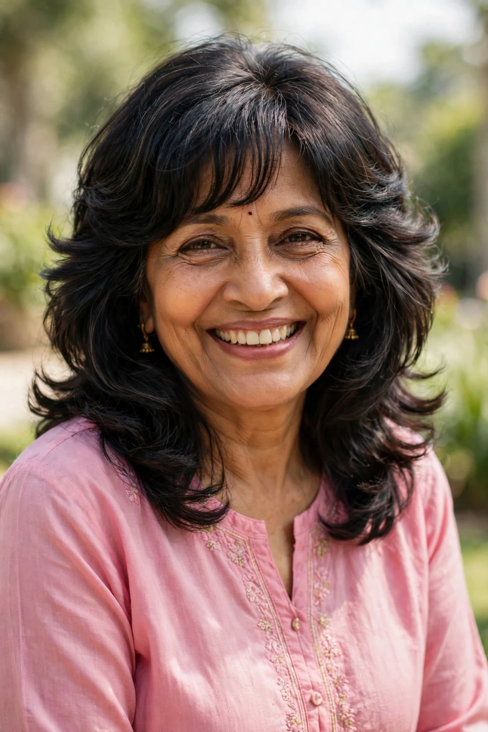 South Asian woman in her mid 60s with dark butterfly layers and soft bangs
