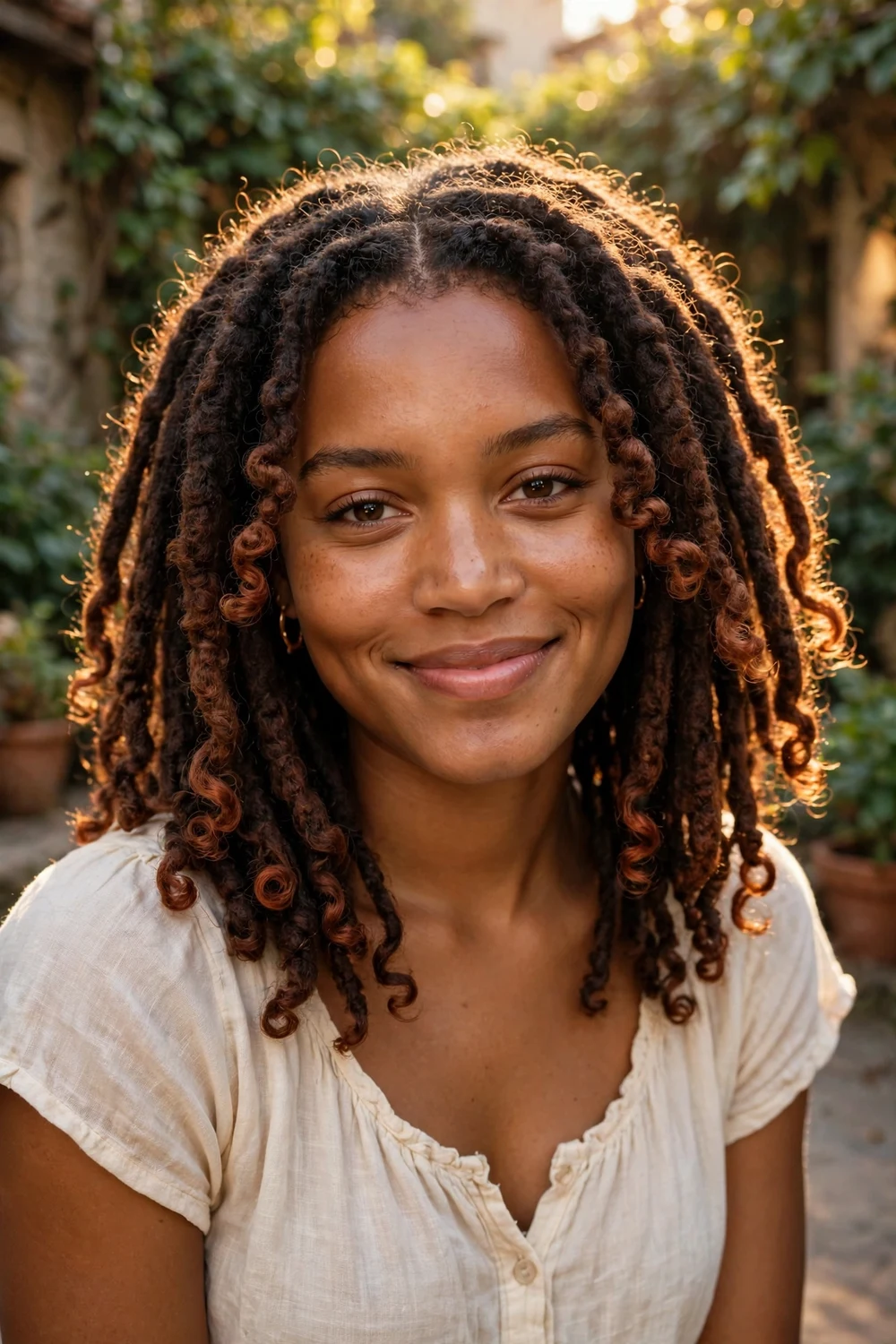 Woman with shoulder-length butterfly locs with distressed texture