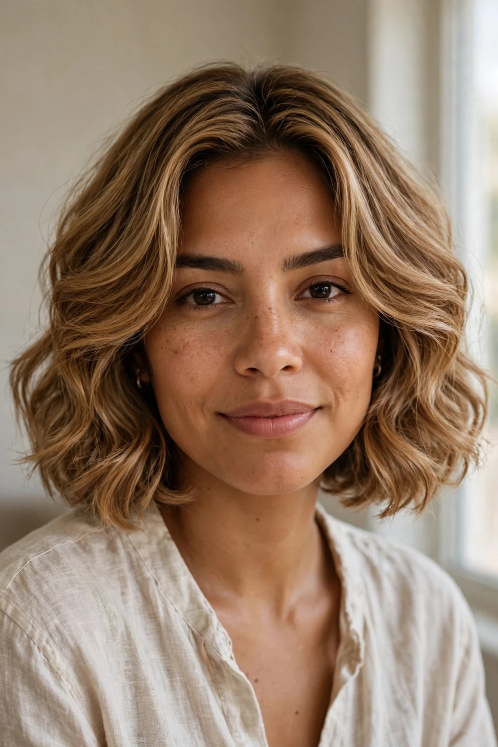 Butterfly wavy bob with graduated face-framing layers on golden brown chin-length hair, front view