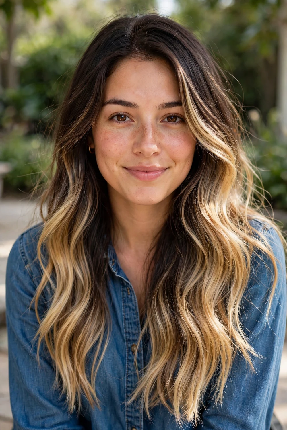 Woman with buttery blonde balayage on brown hair, soft creamy gold blonde sections