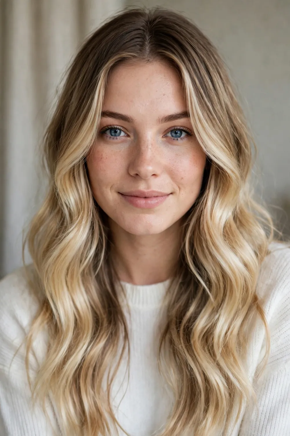Buttery honey blonde balayage with soft creamy golden tones on long waves