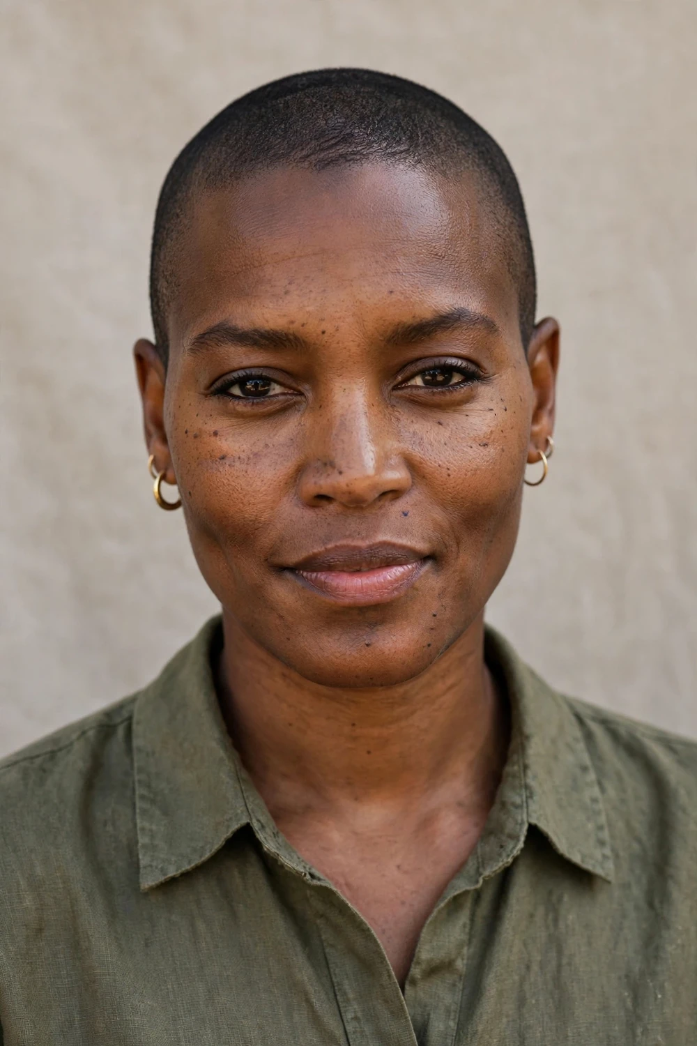 Black woman with an even buzz cut, uniform short length all over