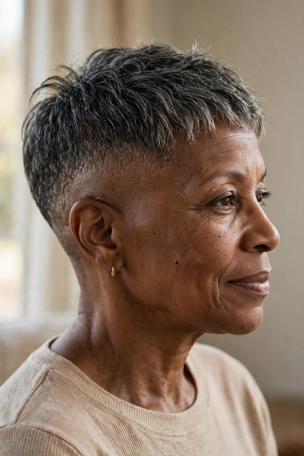 Older Black woman with a buzzed pixie haircut with textured length on top