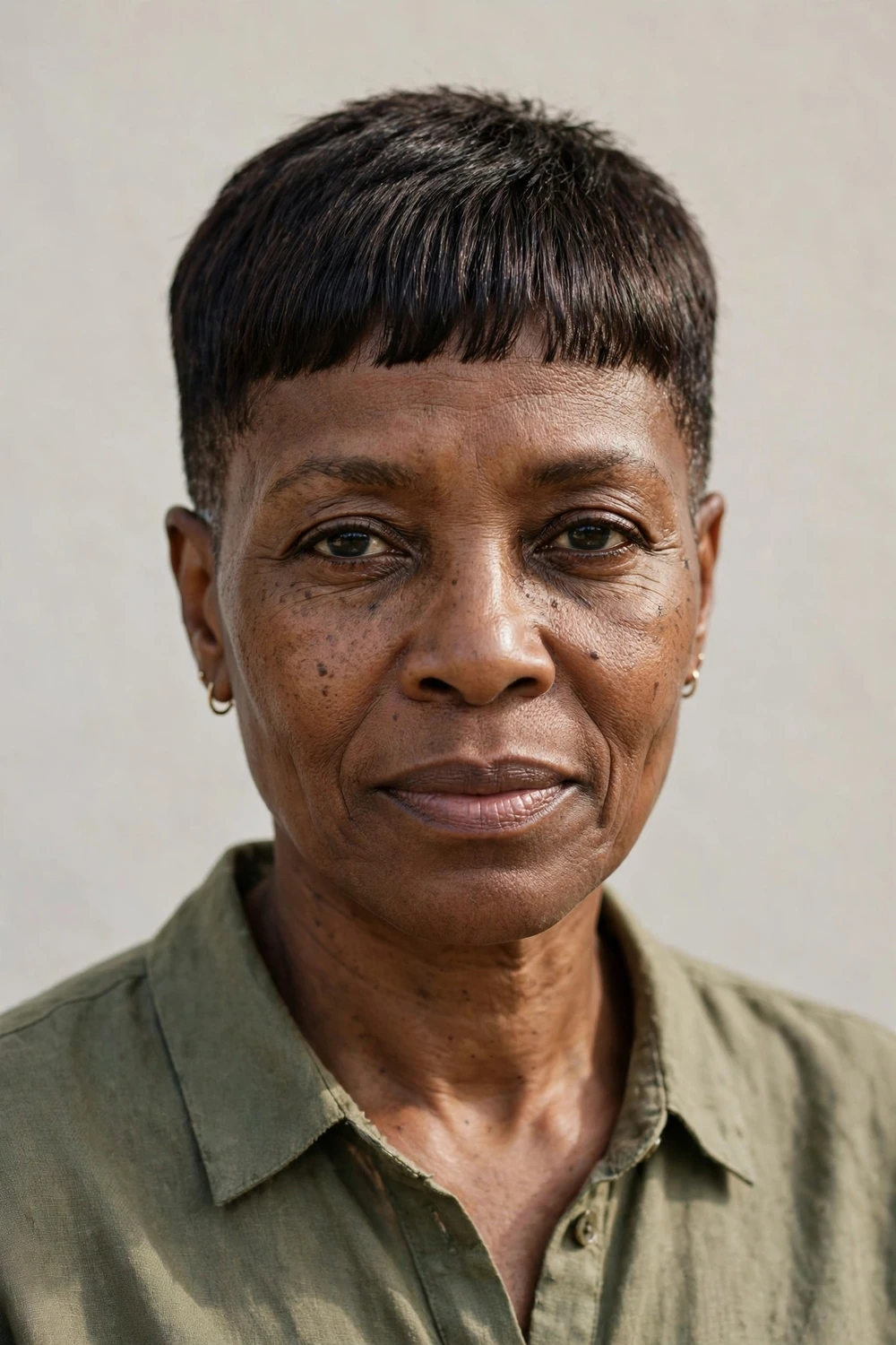 Black woman with a Caesar cut, short even top with a straight horizontal fringe