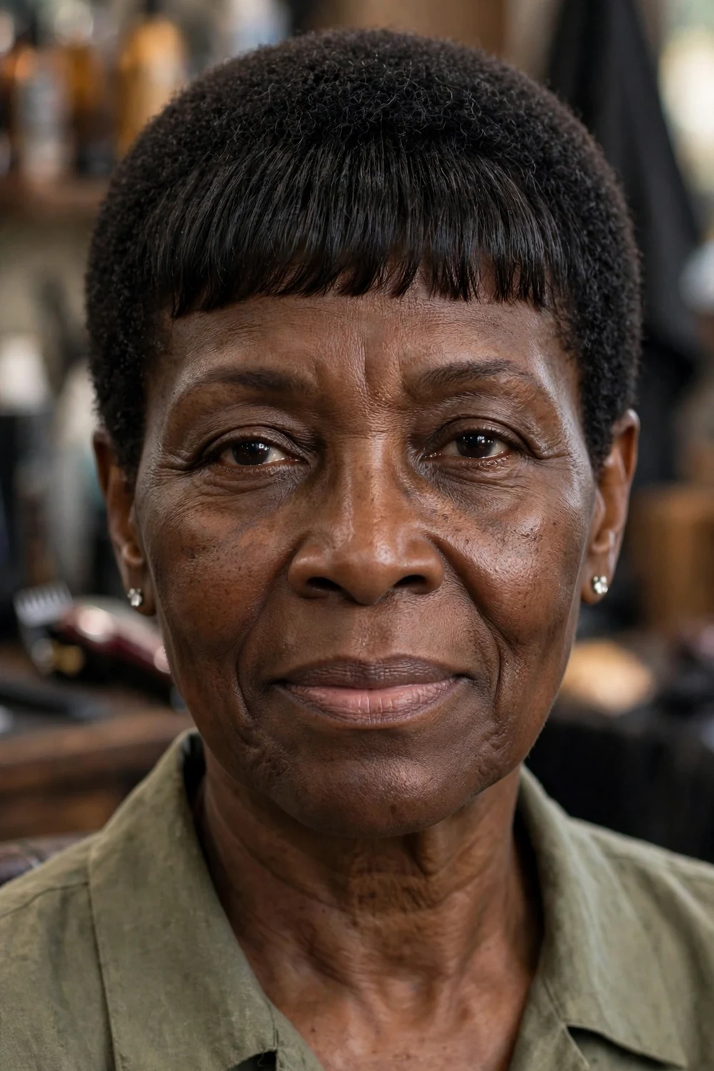Older Black woman with a caesar cut with short fringe