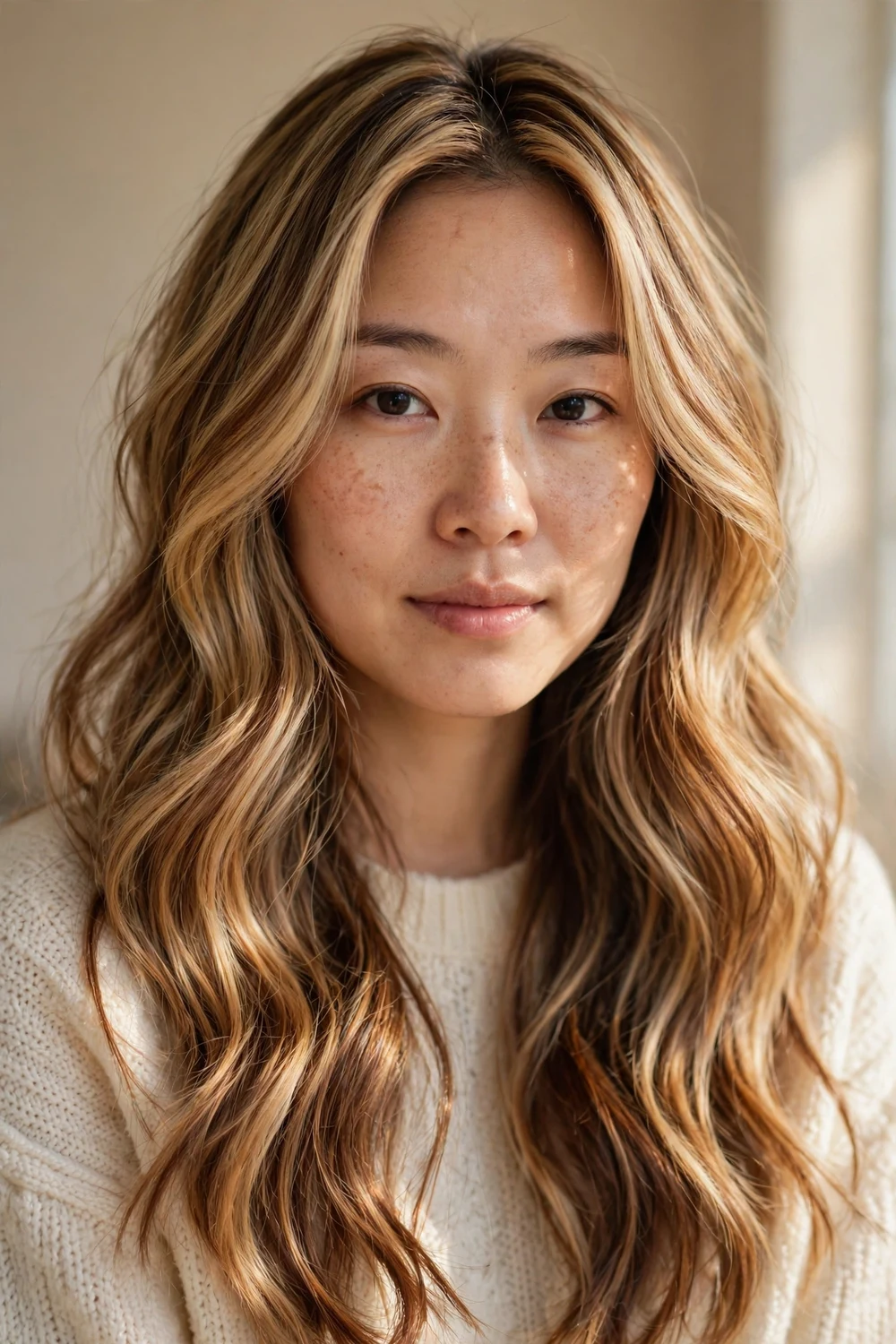 Calico blonde hair with multi-tonal warm blonde patches
