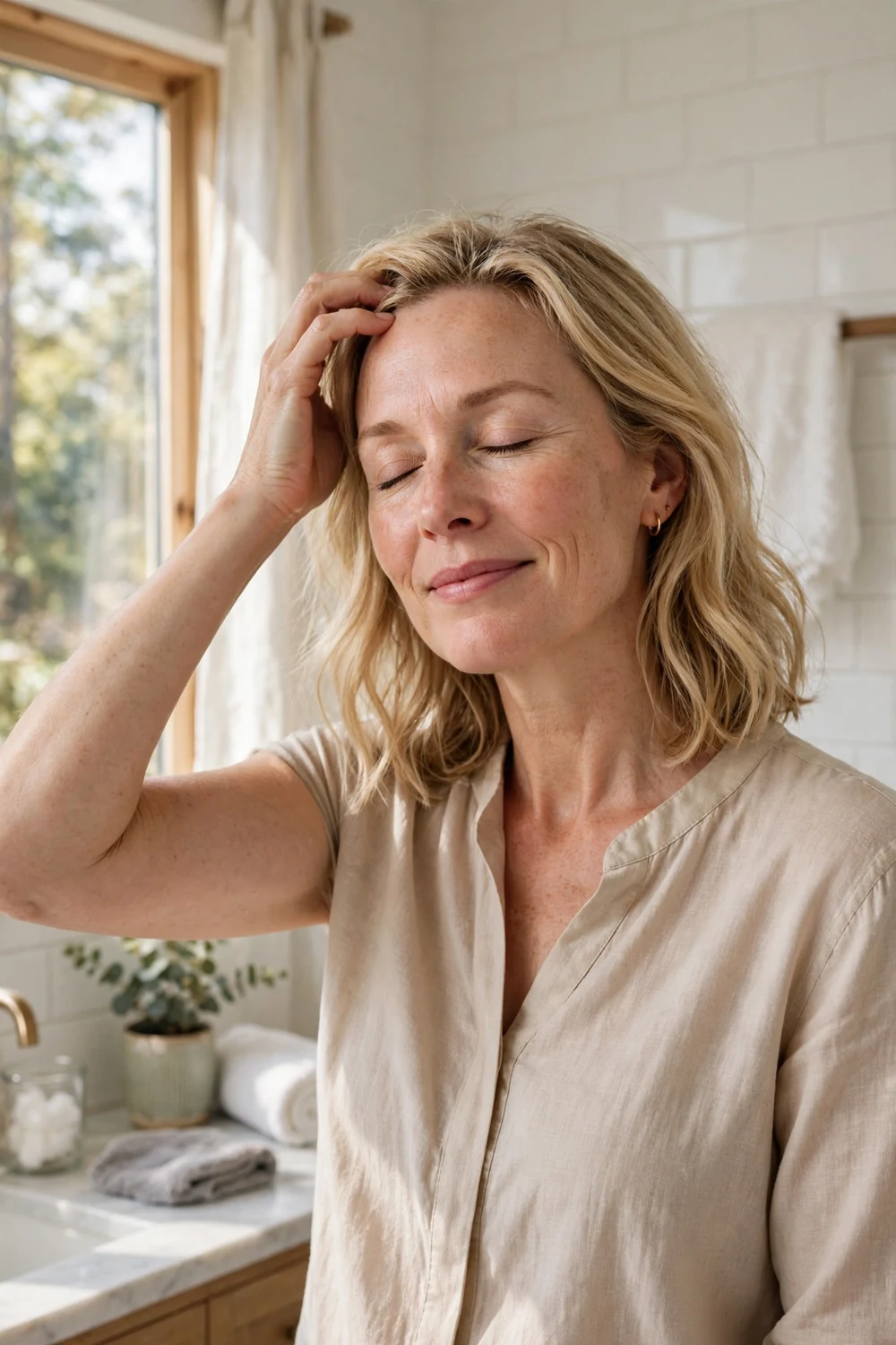 Woman with a calm healthy scalp after switching to gentle shampoo