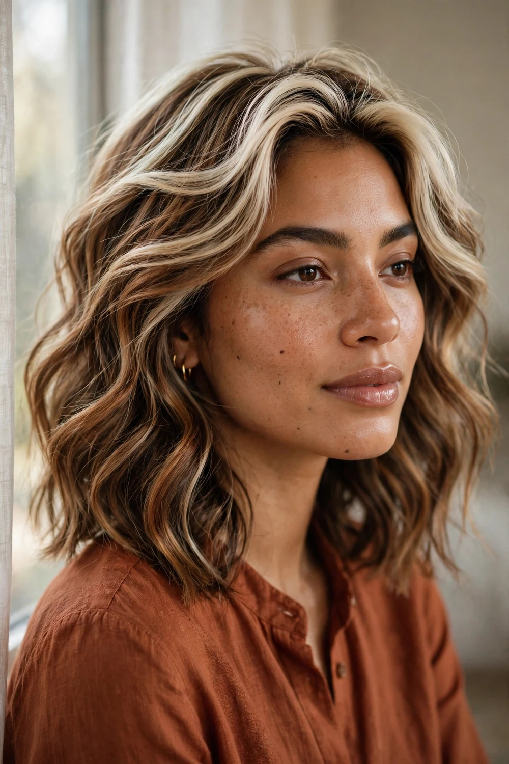 Woman with caramel and cream balayage ribbons through wavy mid-length hair