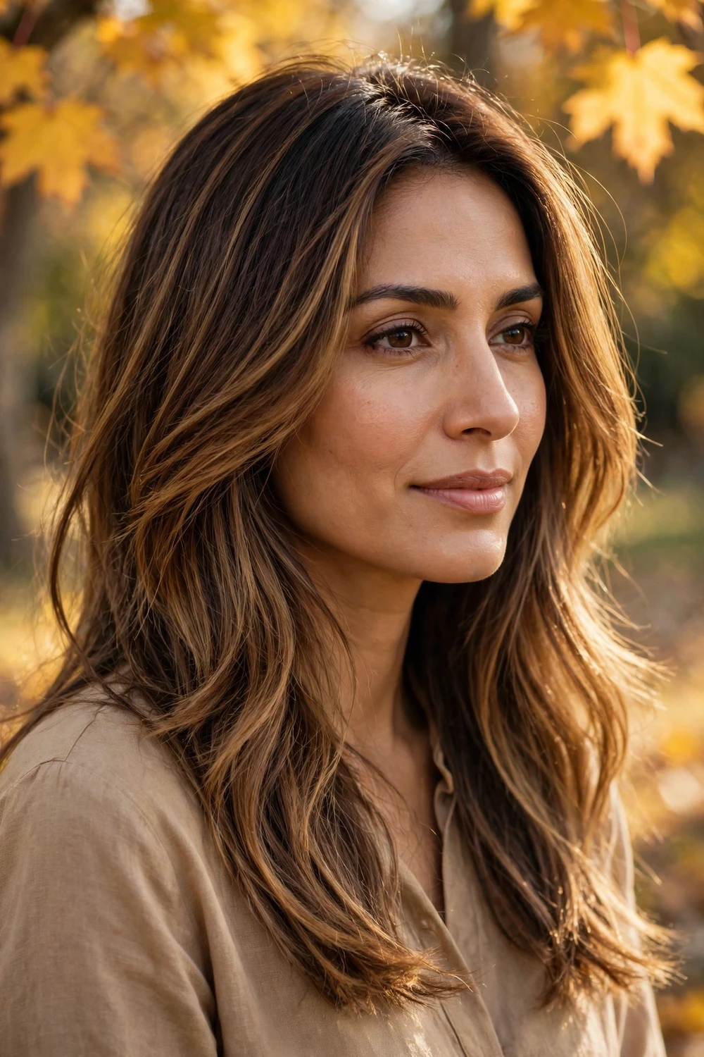 Woman with caramel balayage fall hair color