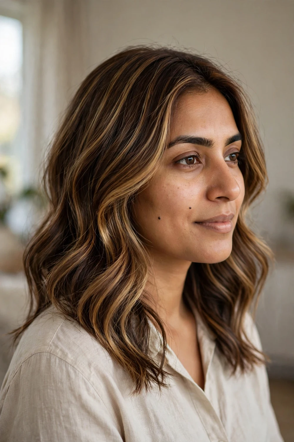 Woman with caramel blonde balayage on brown hair, warm caramel highlights through dark hair