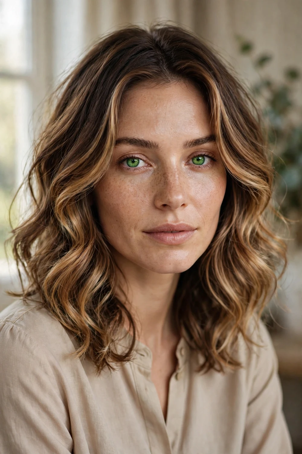 Woman with deep brown roots melting into warm caramel blonde balayage ribbons