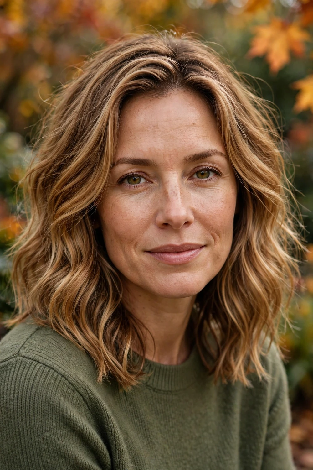Woman with caramel blonde fall hair color