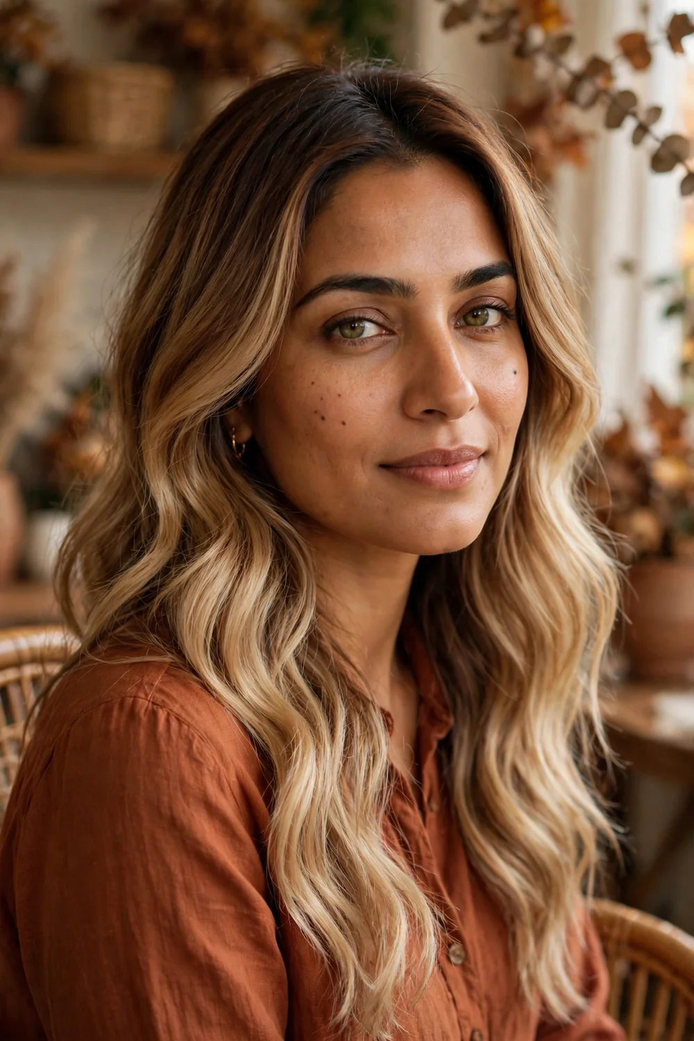Caramel blonde hair color with creamy ribbons on medium length hair