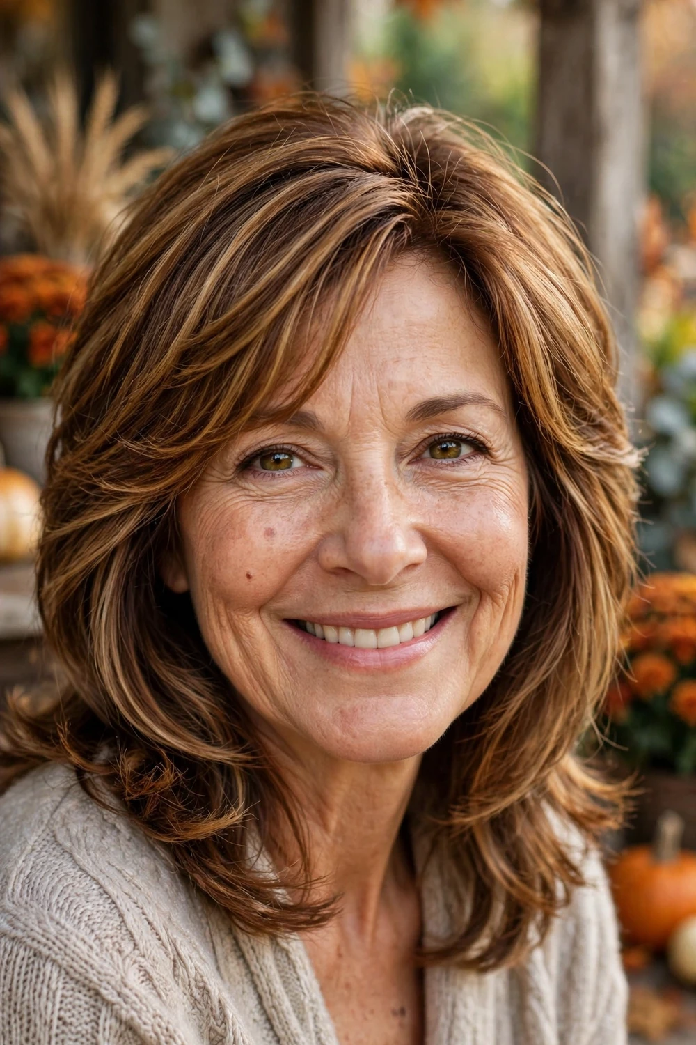 Woman with caramel brown fall hair color