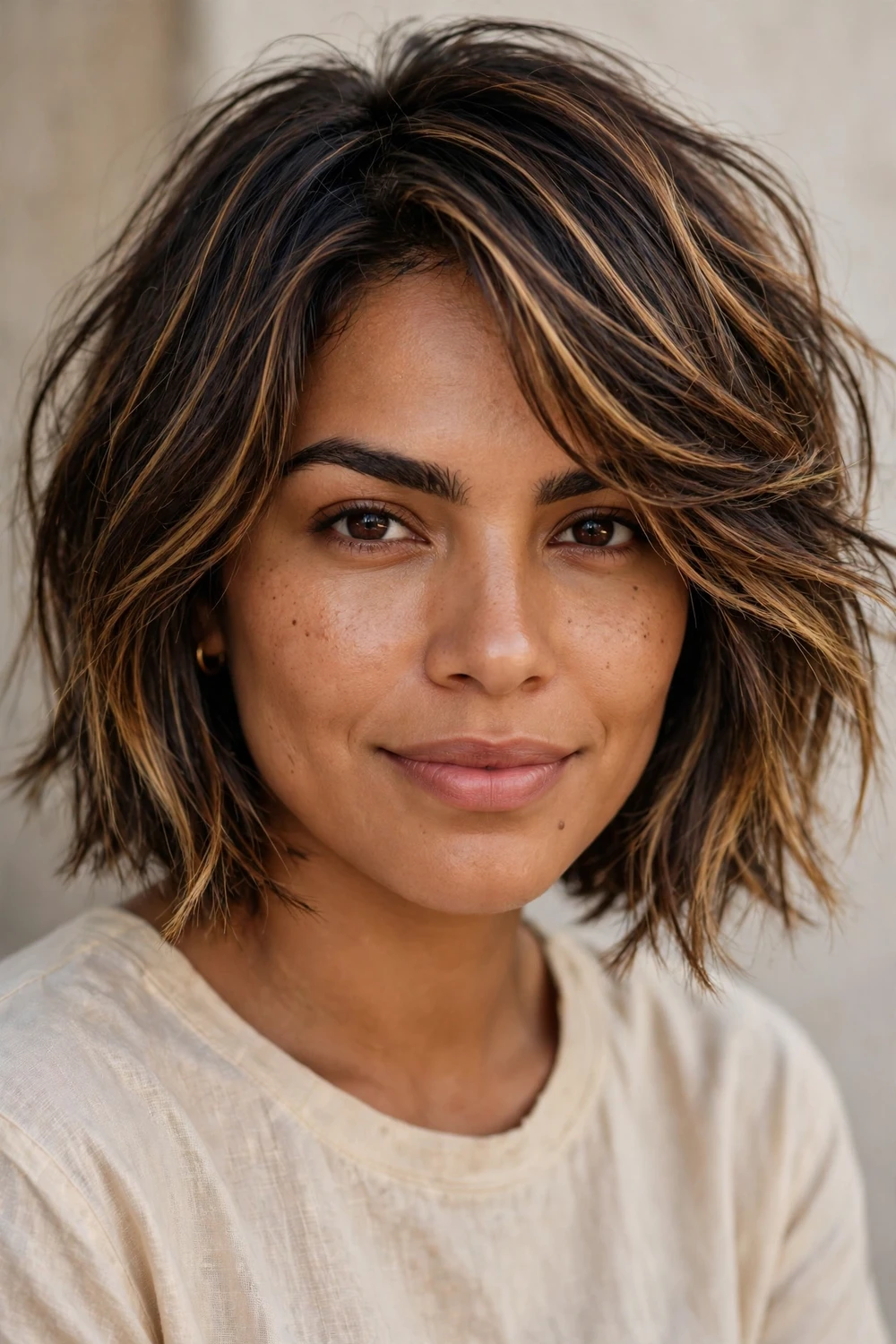 Caramel highlighted choppy bob with layered fringe