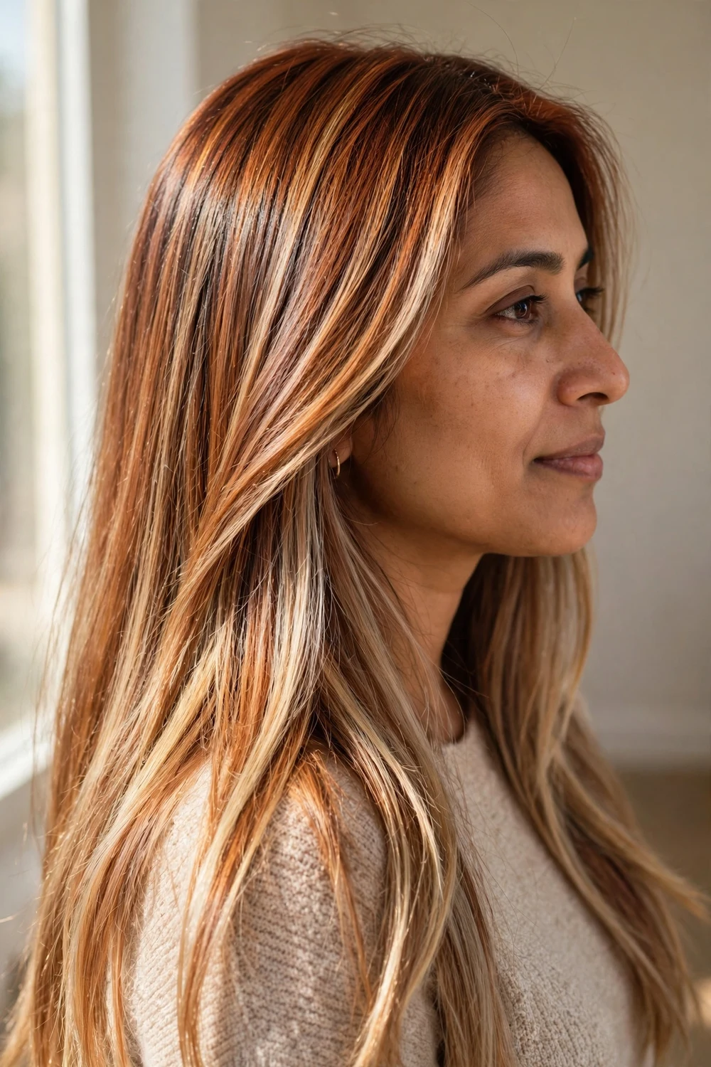 Dimensional caramel-copper and blonde blended balayage on long straight hair