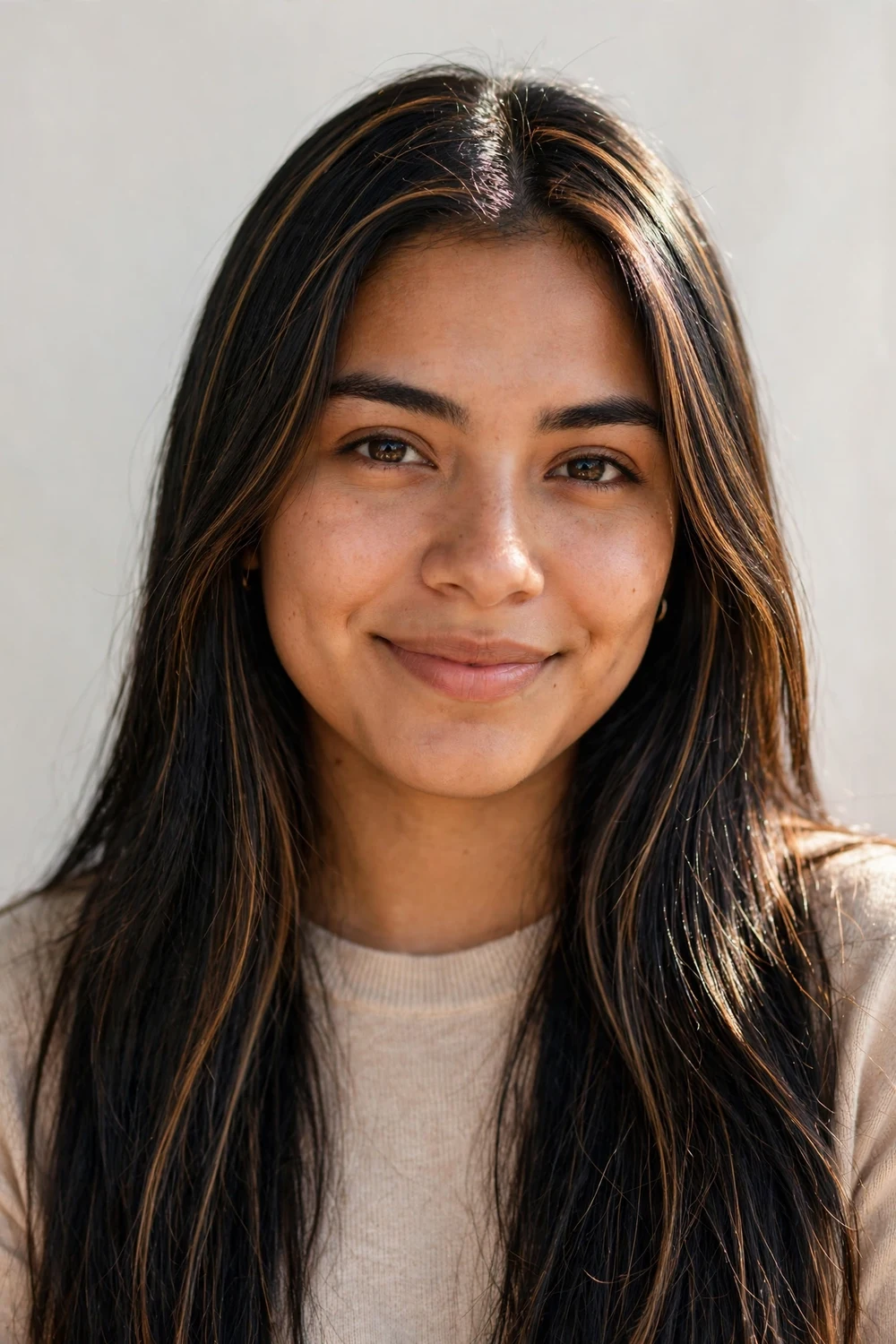 Latina woman with long straight black hair and thin caramel-brown foil highlights