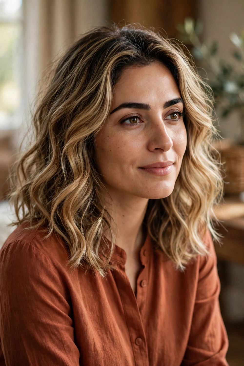 Middle Eastern woman in her early 30s with medium-length wavy dirty blonde hair blended with warm caramel blonde highlights
