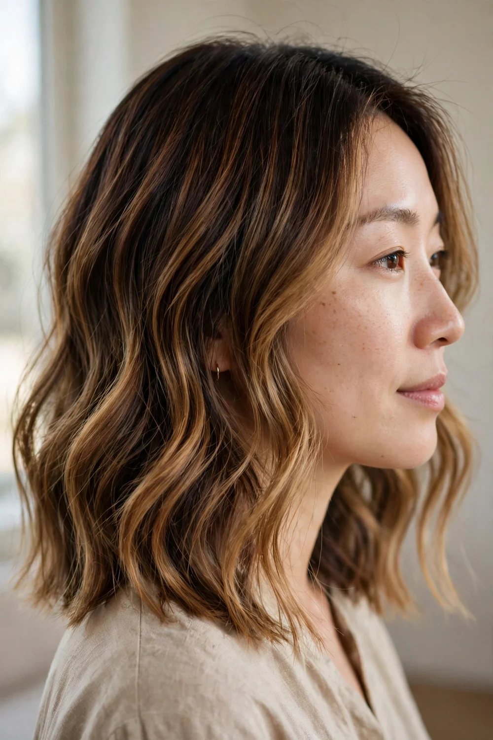 Woman with dark brown collarbone-length wavy hair and caramel melt balayage