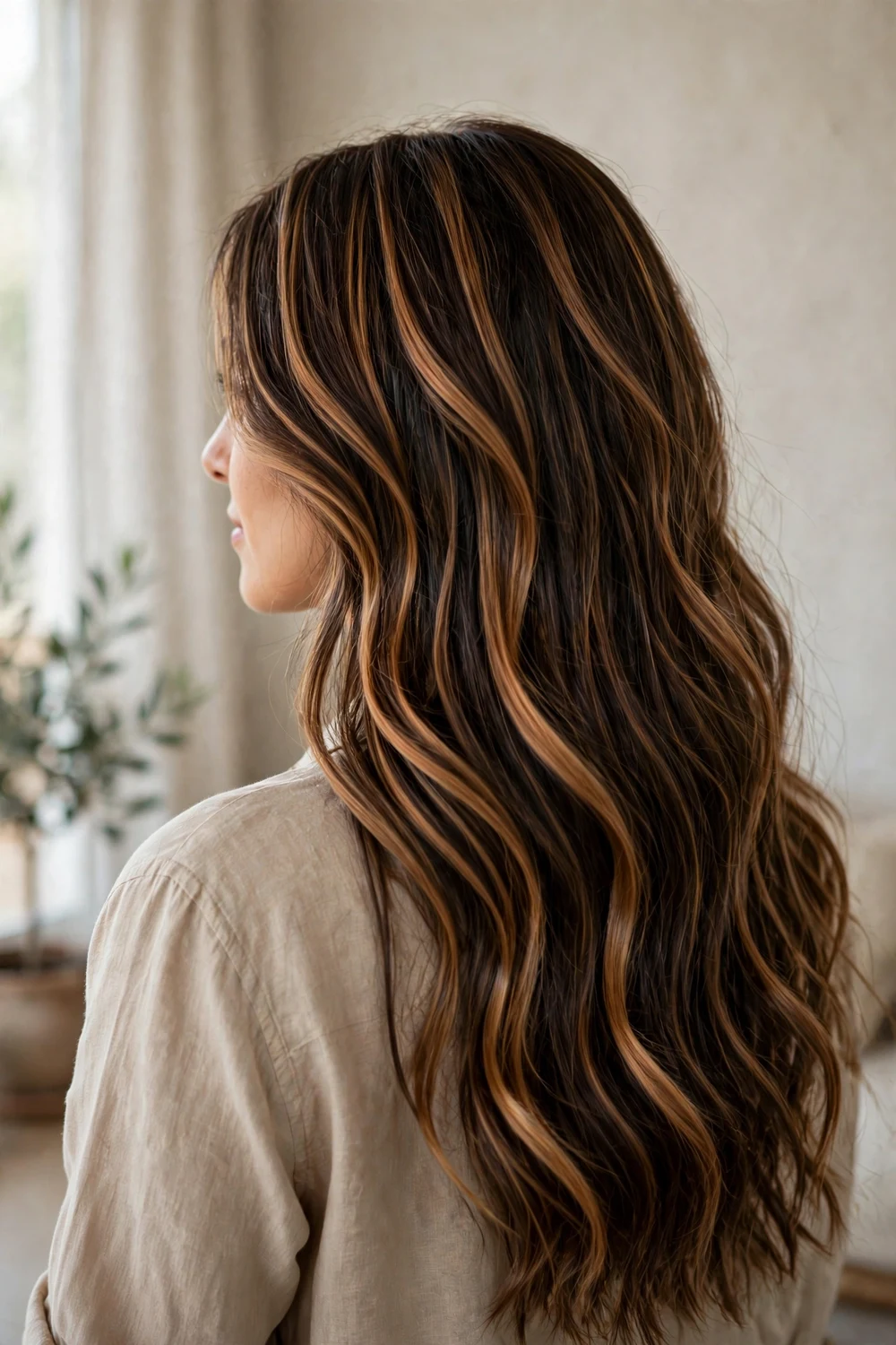 Caramel ribbon balayage with interwoven caramel ribbons through brunette hair