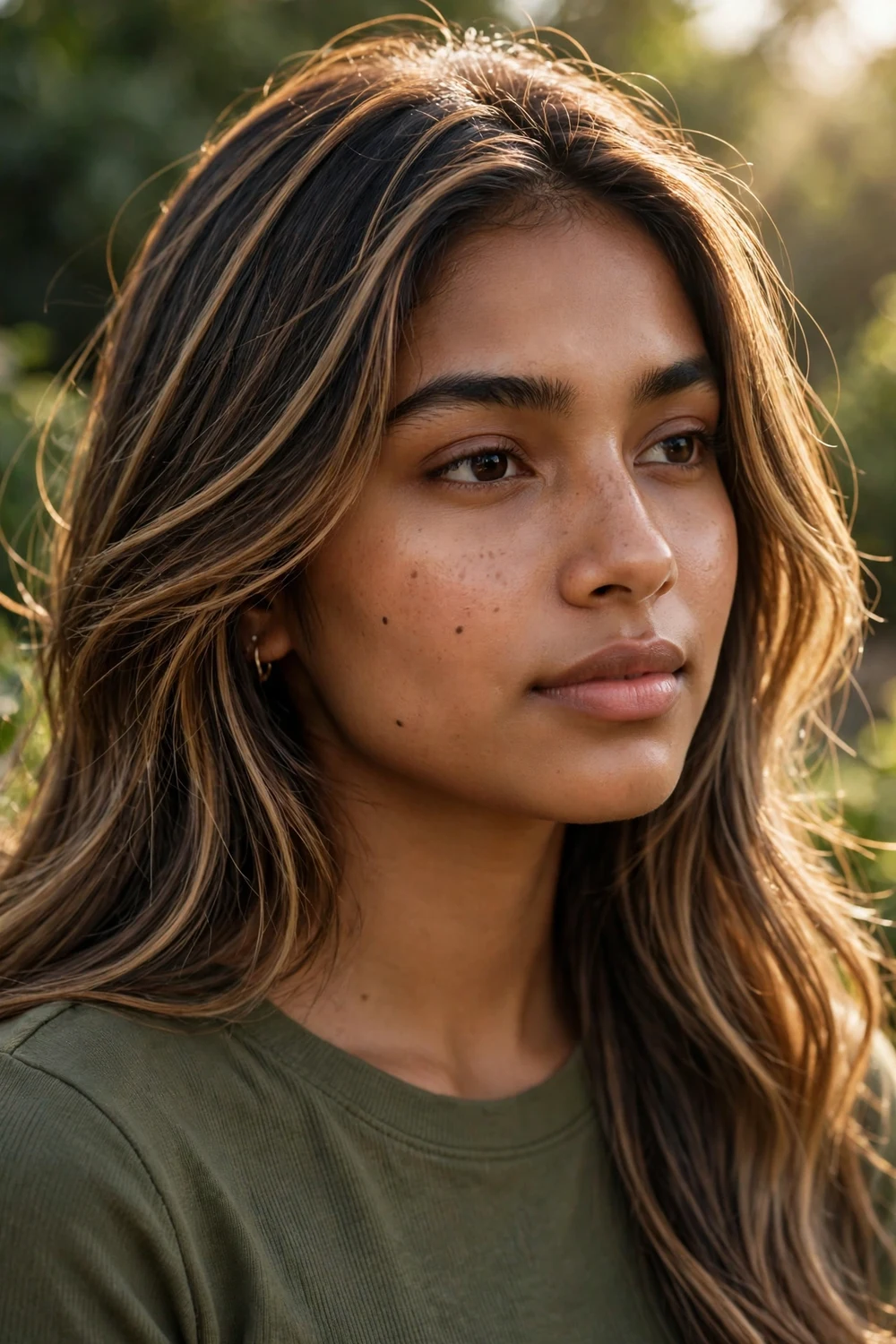Woman with hand-painted caramel ribbon balayage streaks on dark blonde hair