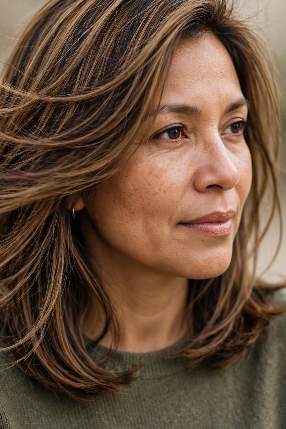 Woman with light brown hair, darker caramel lowlight ribbons adding winter depth, natural daylight