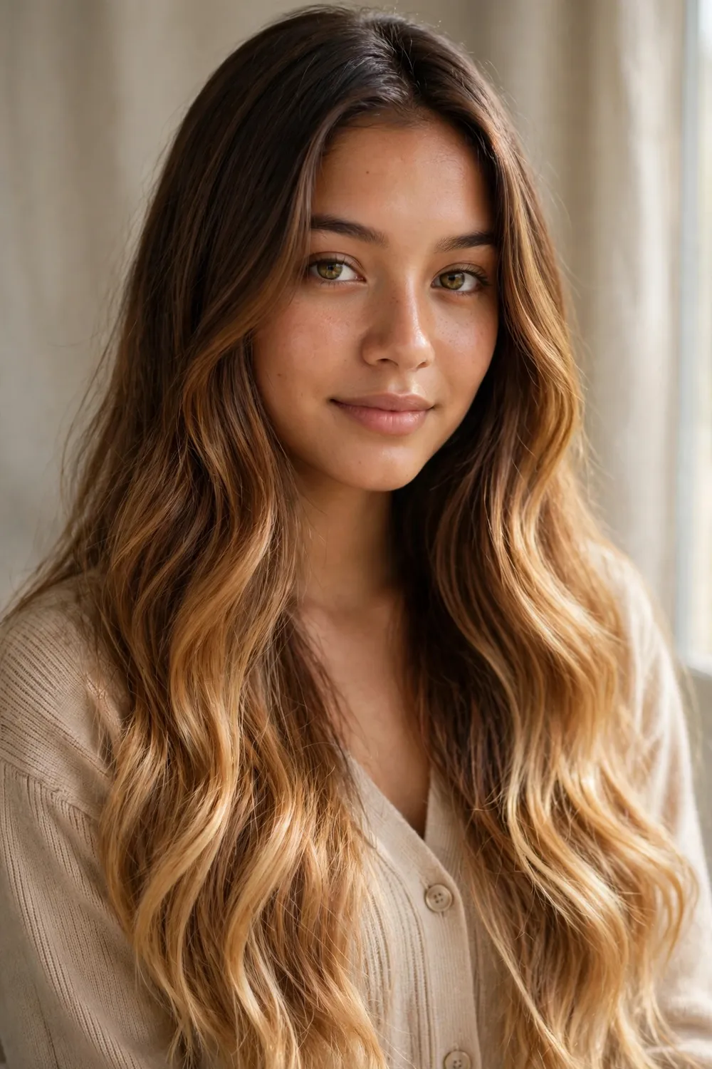 Long hair with a seamless caramel to honey blonde color melt from roots to ends