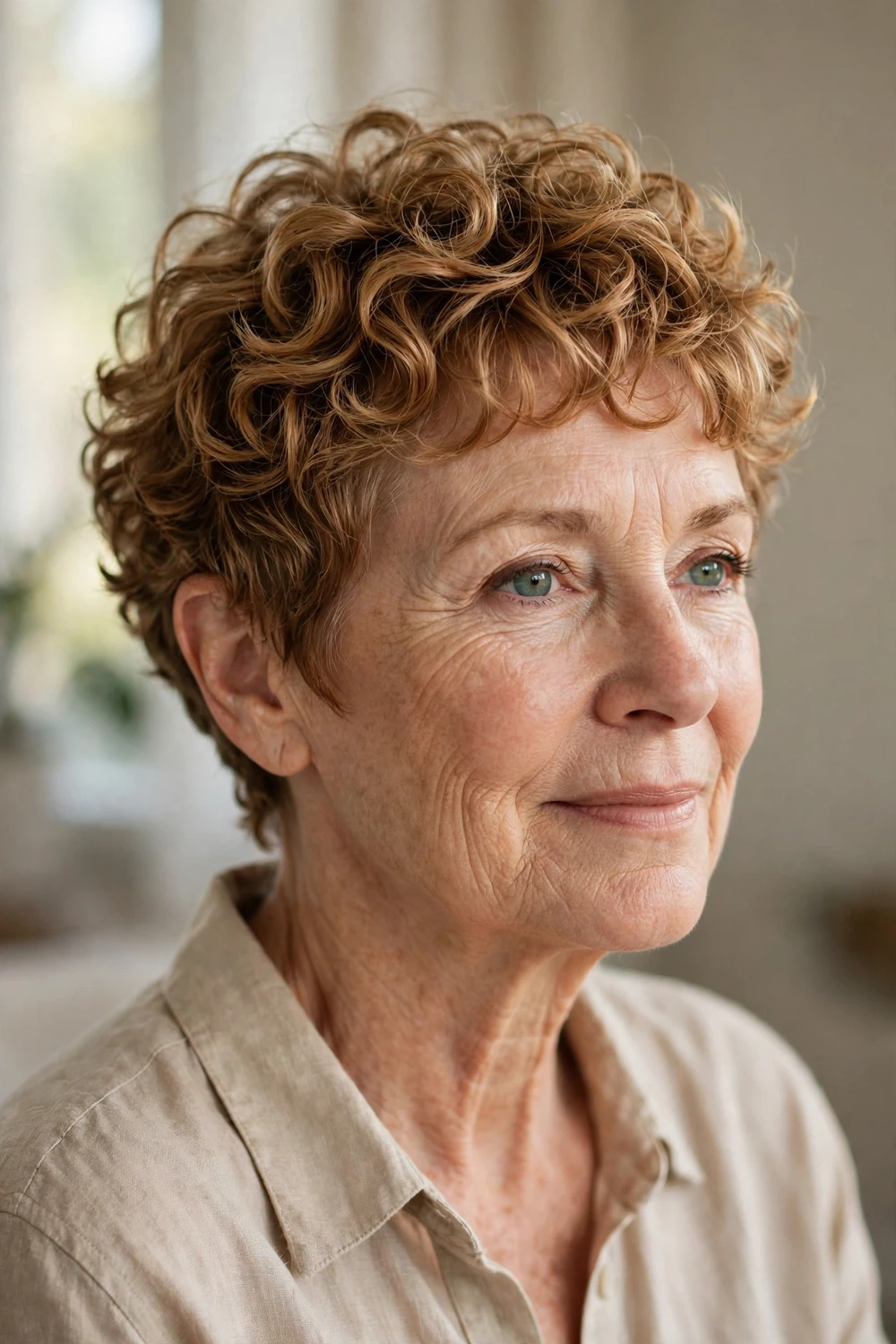 Woman over 50 with a caramel toned pixie, defined golden curls with subtle layering