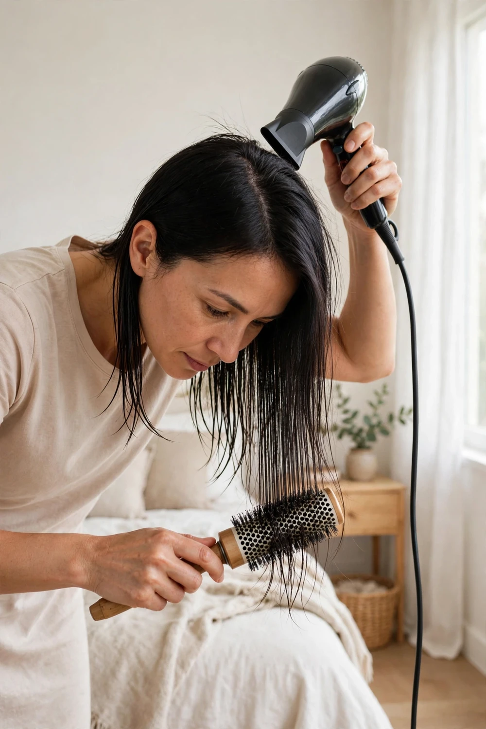 Woman blow-drying fine hair upside down with a round brush for root volume