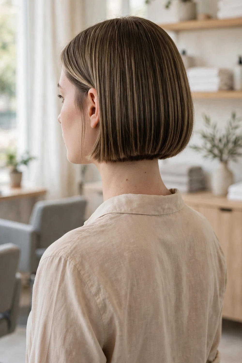 Woman with a blunt bob haircut showing full even ends on fine hair