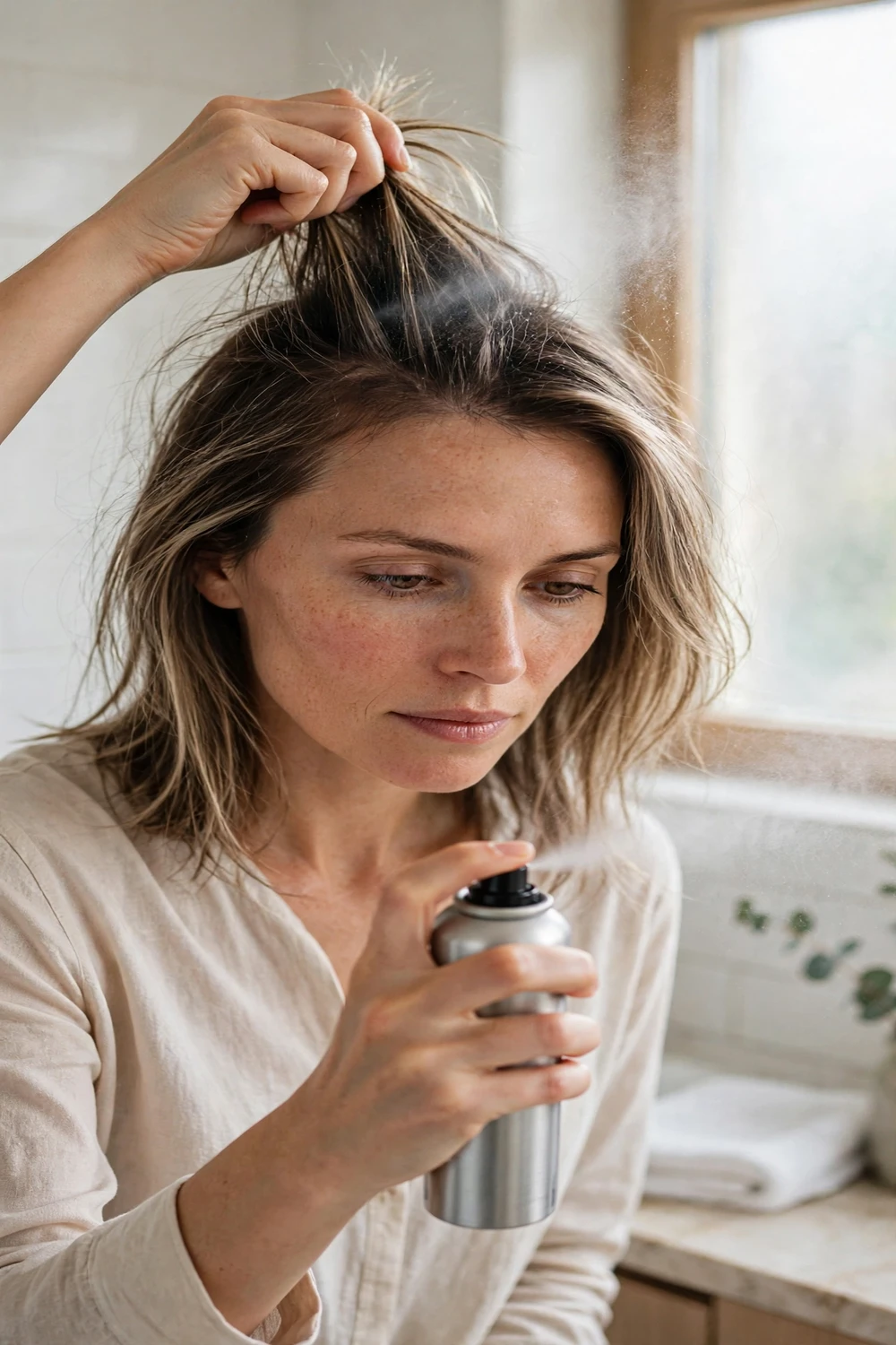 Woman applying dry shampoo spray at the roots of fine hair to absorb oil