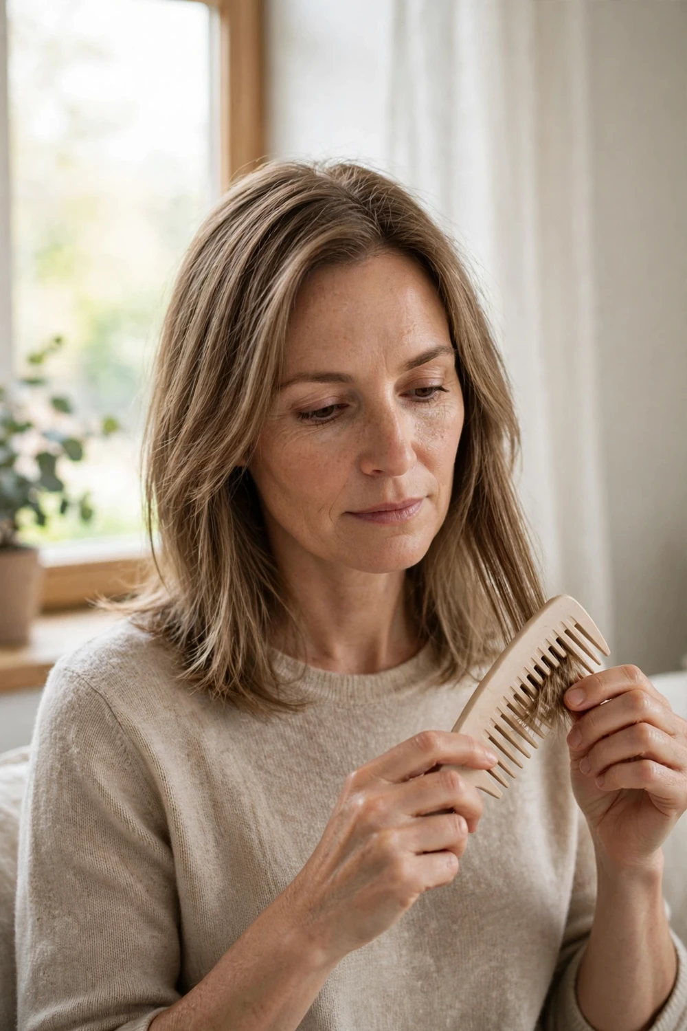 Woman gently detangling fine hair with a wide-tooth comb starting from the ends
