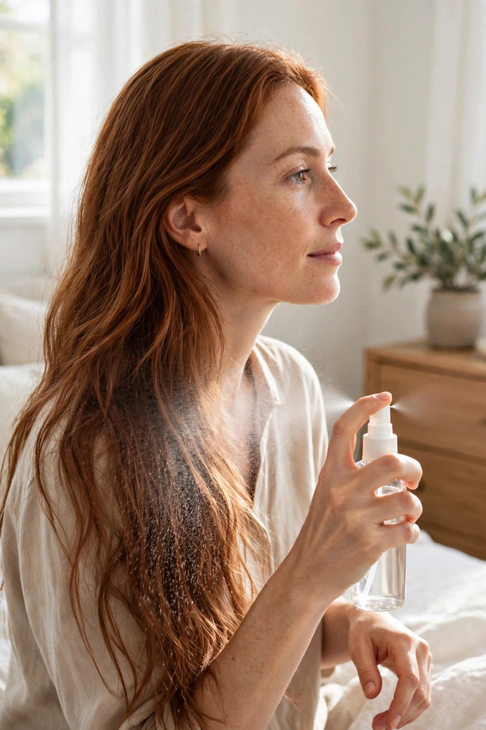 Woman misting heat protectant spray onto fine hair before heat styling