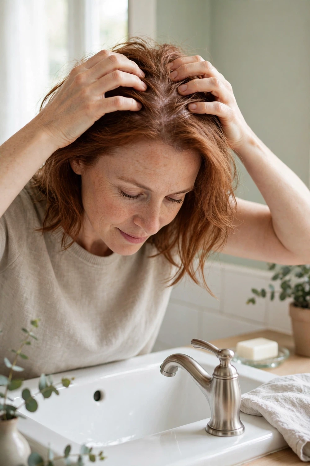Woman massaging her scalp with fingertips to support healthy thin hair