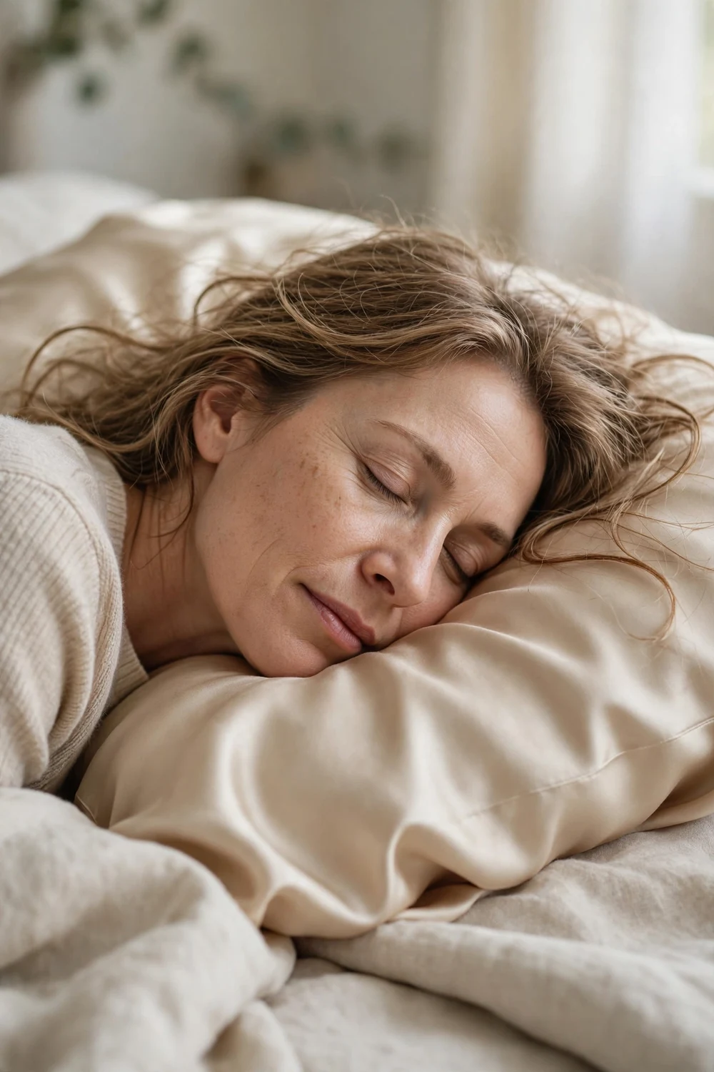 Woman sleeping on a silk pillowcase to reduce friction on fine hair overnight