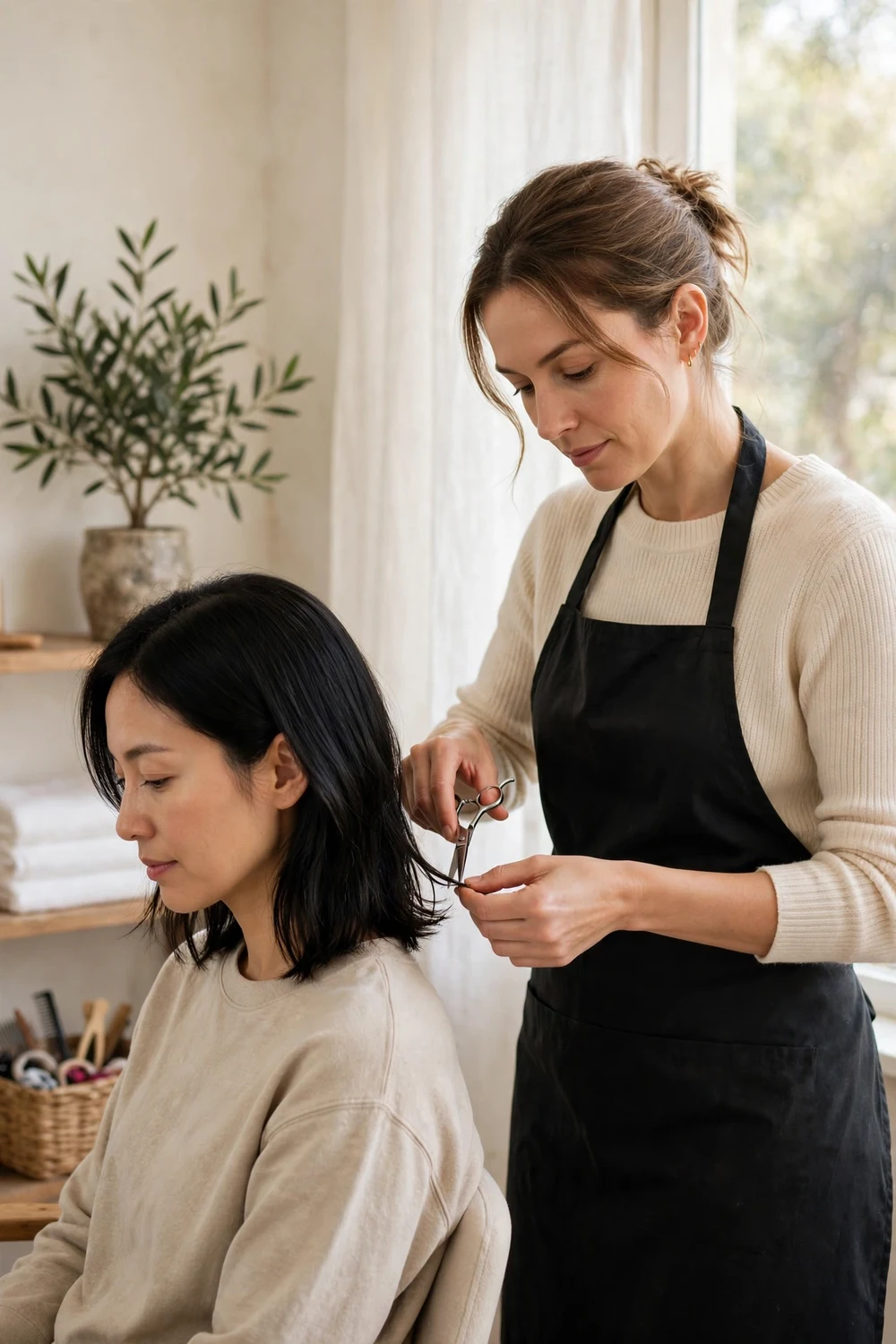 Hairstylist trimming the ends of a client's fine hair in a bright salon