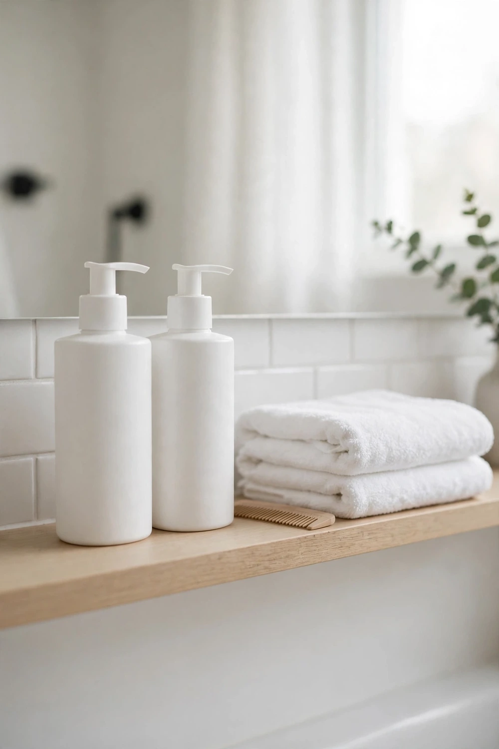 Lightweight volumizing shampoo and conditioner bottles for fine hair on a bathroom shelf