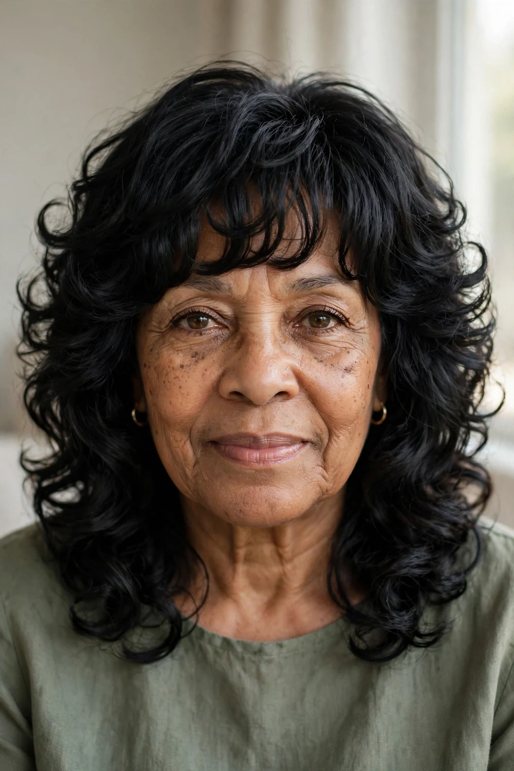Woman over 60 with cascading curls and fringe