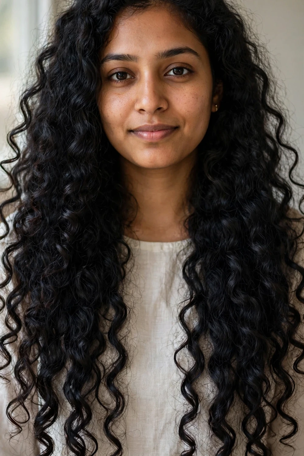 Woman with long cascading thick curls over one shoulder