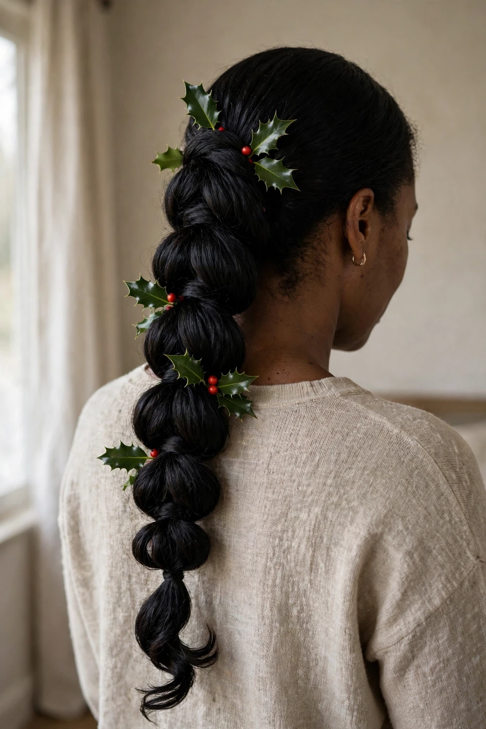 Cascading topsy-tail braid with small holly sprigs tucked into the loops