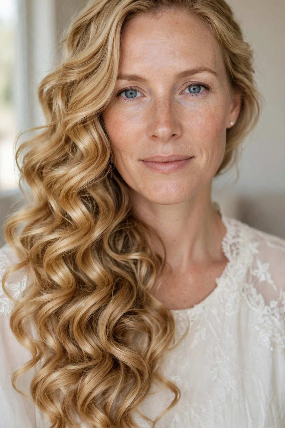 Woman with honey blonde long hair in cascading bridal curls