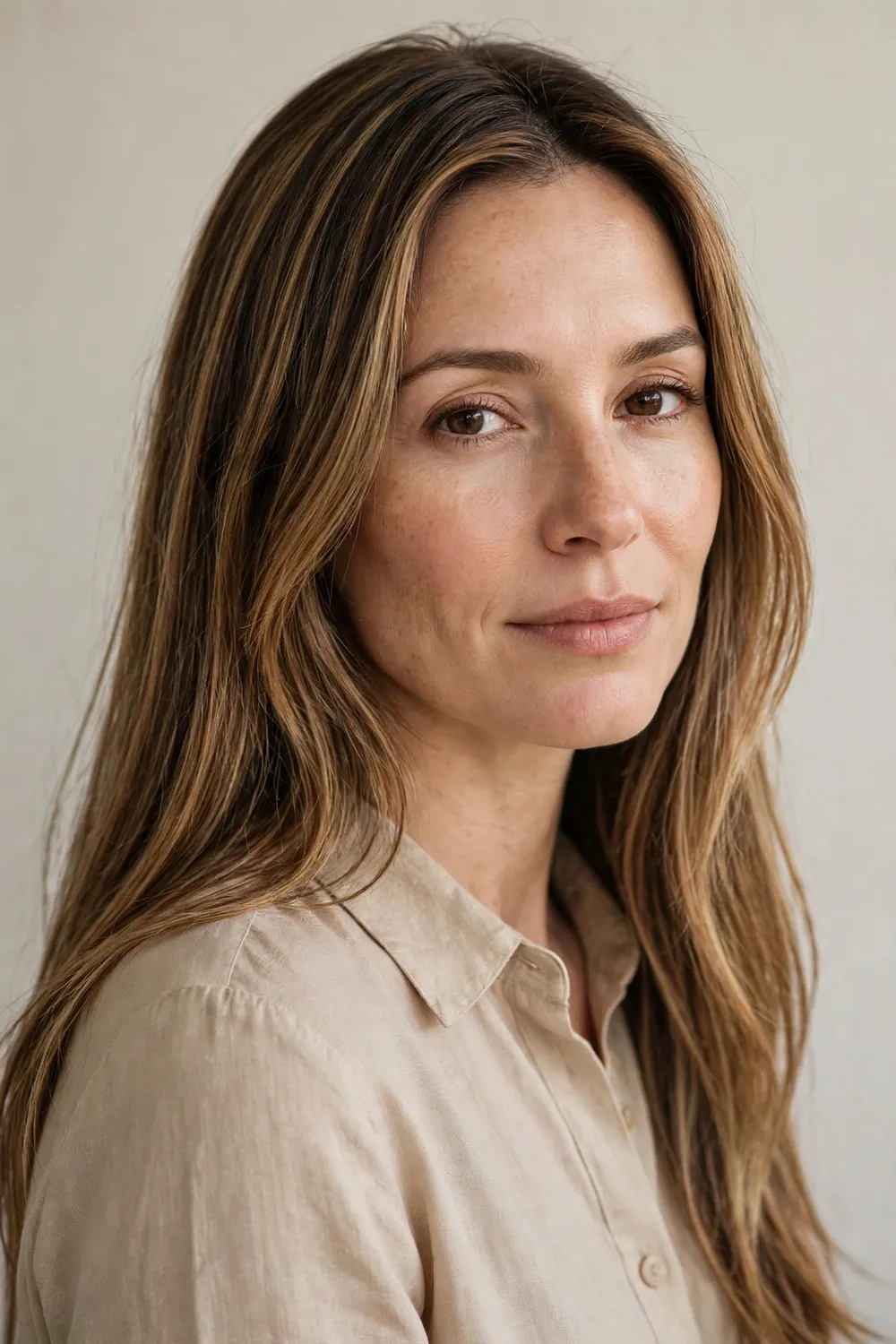 Woman with caramel balayage and darker lowlights adding depth to straight hair