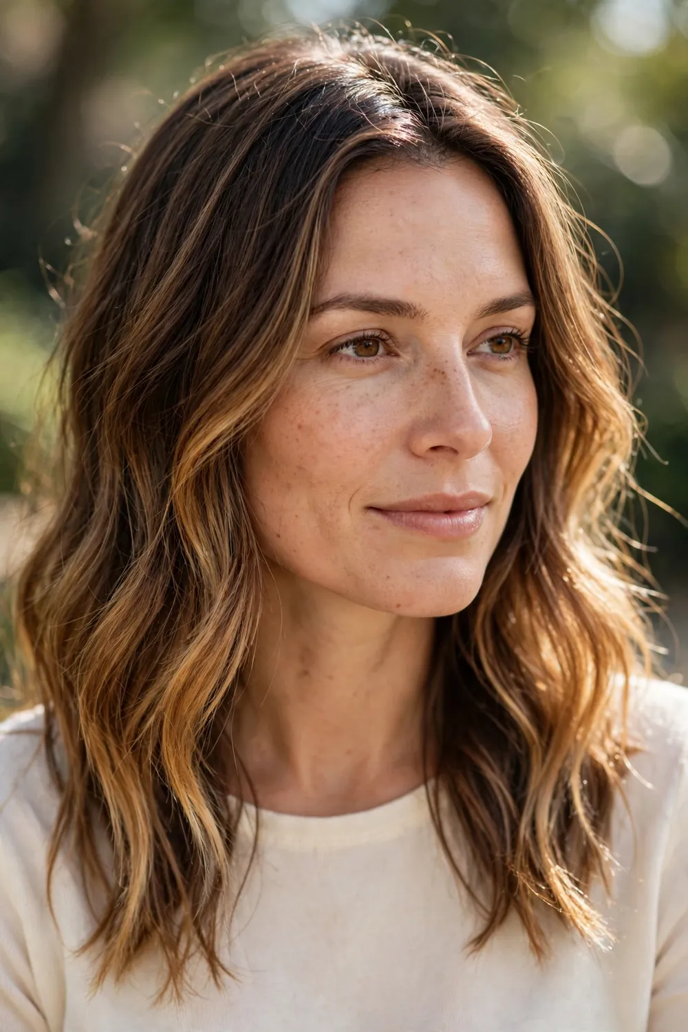Woman with medium brown hair and sun-kissed caramel blonde balayage