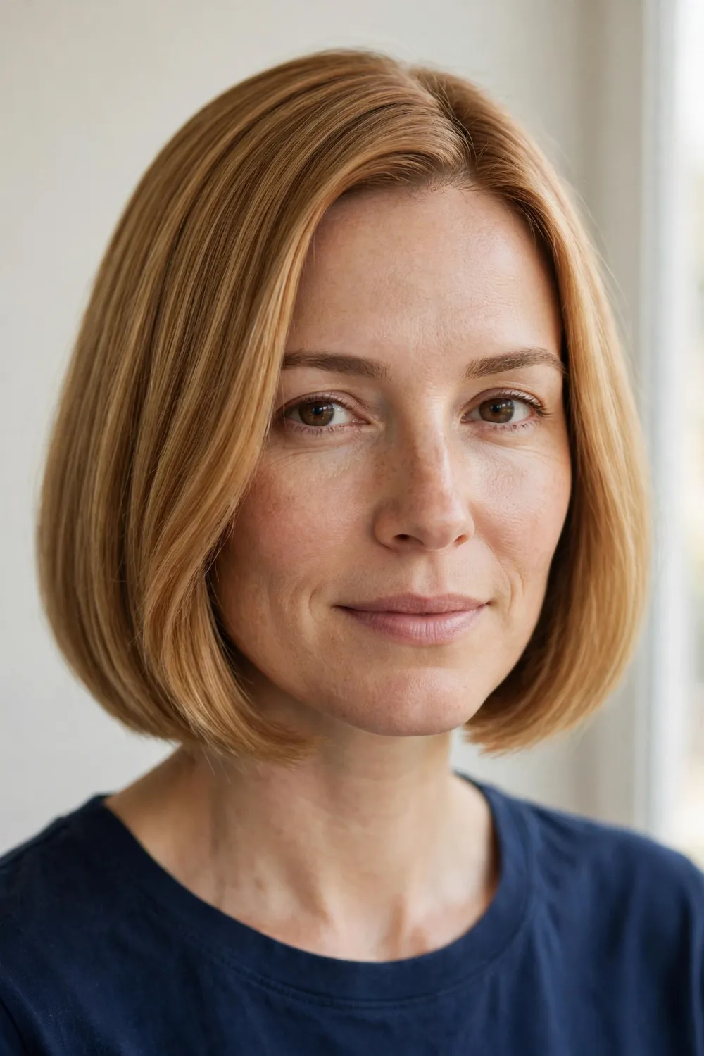 Woman with a chin-length caramel blonde bob haircut
